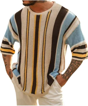 Men's Sweaters Fashion Summer Round Neck Medium Sleeved Sweater Striped Knit Oversized, S-3XL