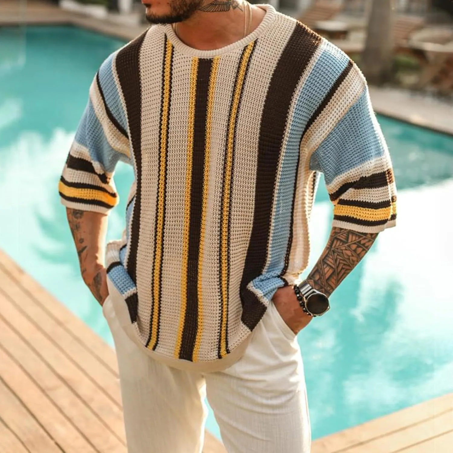 Men's Sweaters Fashion Summer Round Neck Medium Sleeved Sweater Striped Knit Oversized, S-3XL