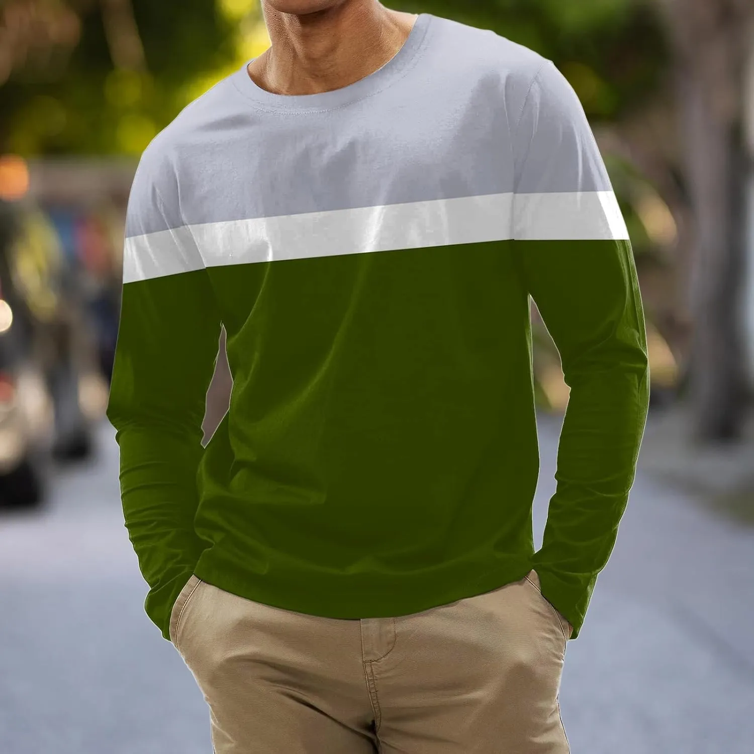 Mens Thermal Underwear Crew Top Lined Shirts for Men Undershirt Long Sleeves Lightweight Color Block Stripe Pullover Blouse