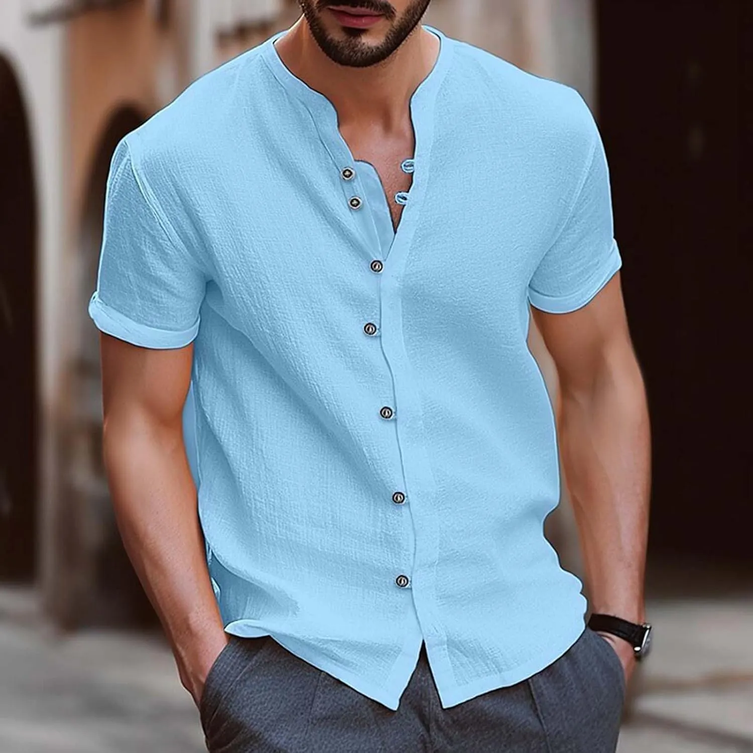 Mens Vintage Cotton Linen Shirt Combat Tactical Solid Trend Tops Short Sleeve Crewneck Muscle Fit Causal Button Down Shirts