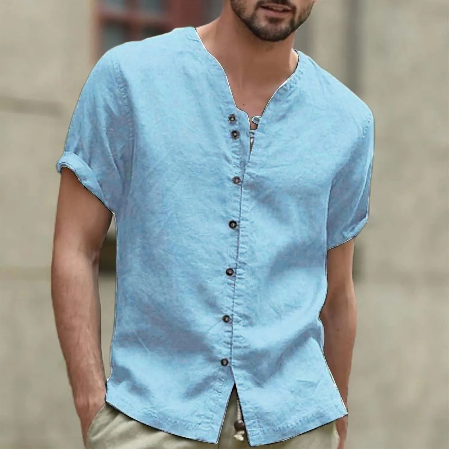 Mens Vintage Cotton Linen Shirt Combat Tactical Solid Trend Tops Short Sleeve Crewneck Muscle Fit Causal Button Down Shirts