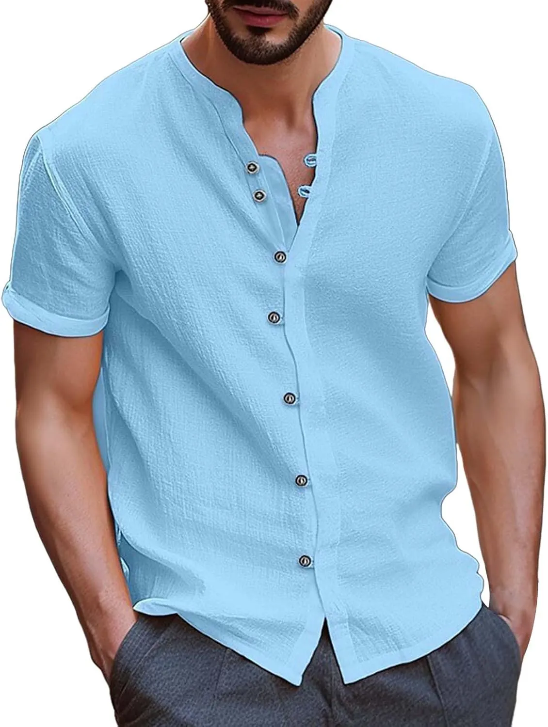 Mens Vintage Cotton Linen Shirt Combat Tactical Solid Trend Tops Short Sleeve Crewneck Muscle Fit Causal Button Down Shirts