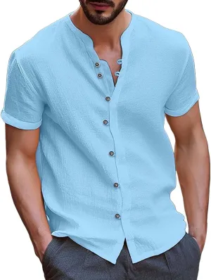 Mens Vintage Cotton Linen Shirt Combat Tactical Solid Trend Tops Short Sleeve Crewneck Muscle Fit Causal Button Down Shirts