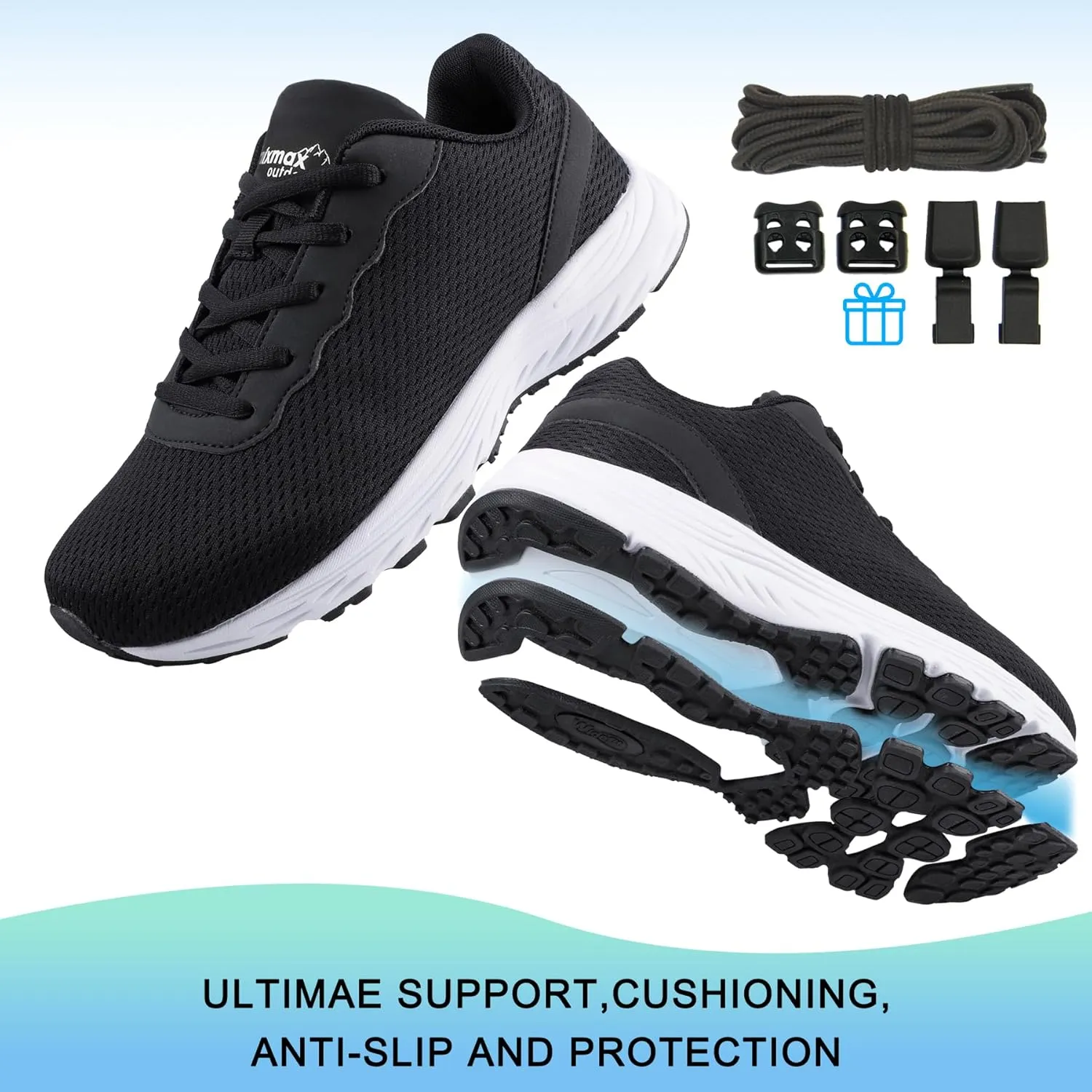 Mens Wide Shoes for Walking Wide Width Diabetic Shoes Cushioning Road Running Shoes for Flat Feet Arch Fit Heel Pain Relief Black/White