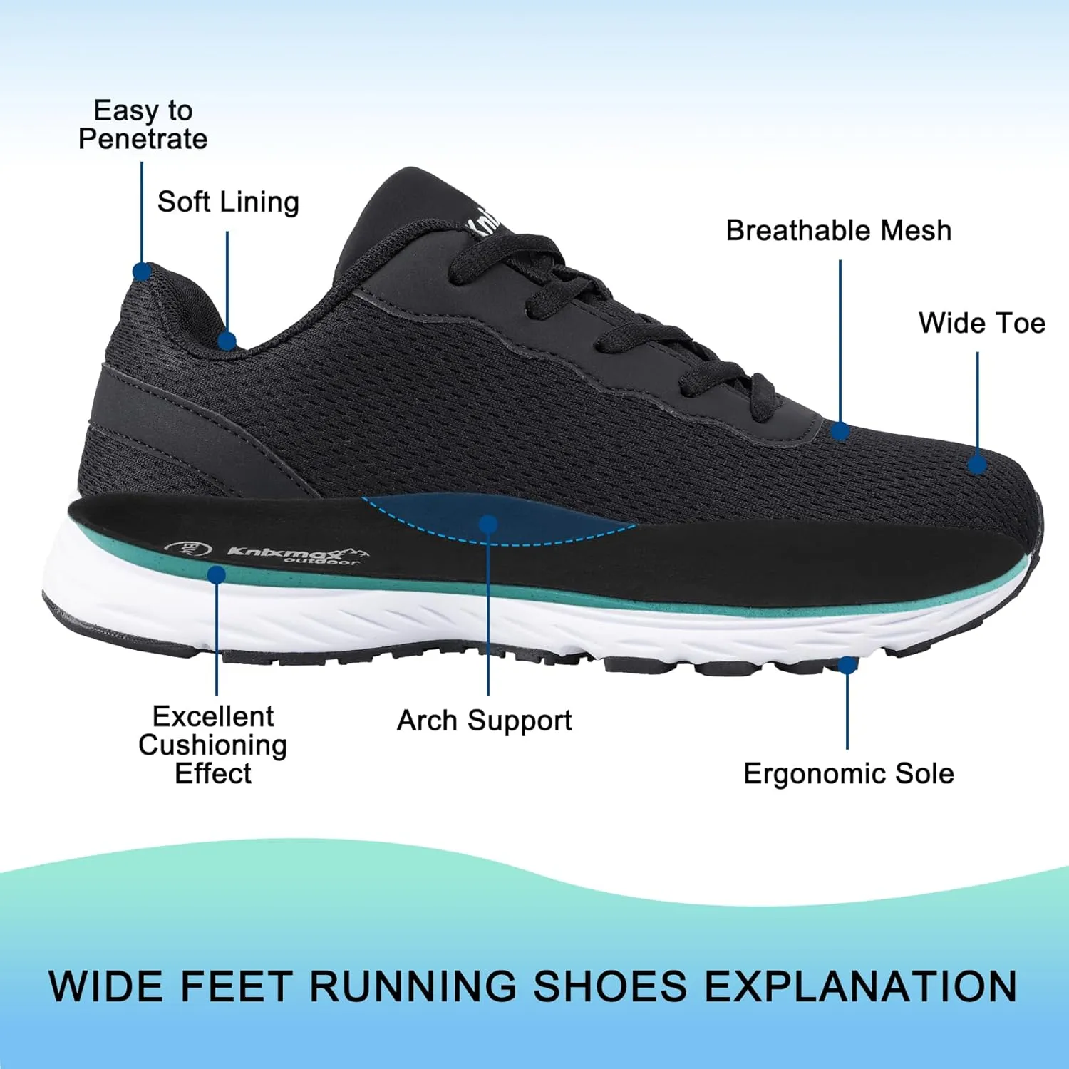 Mens Wide Shoes for Walking Wide Width Diabetic Shoes Cushioning Road Running Shoes for Flat Feet Arch Fit Heel Pain Relief Black/White