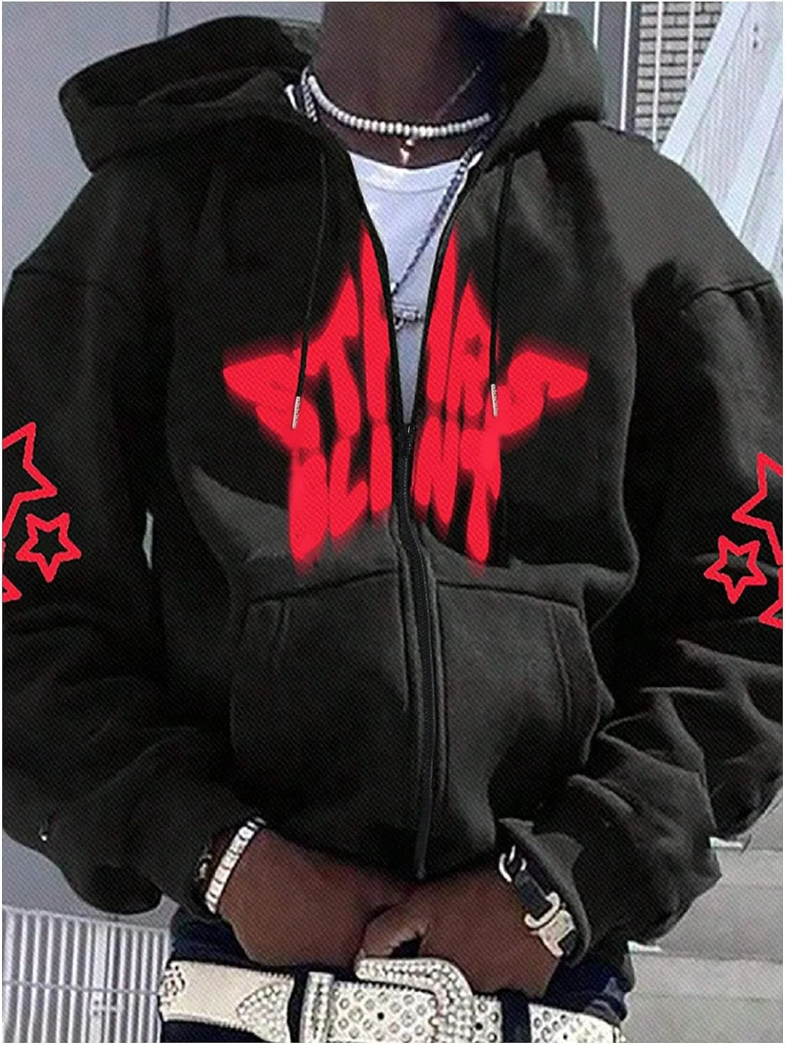 Men's Zip Up Hoodie Sweatshirts Star Graphic Long Sleeve Oversized Hooded Pullovers