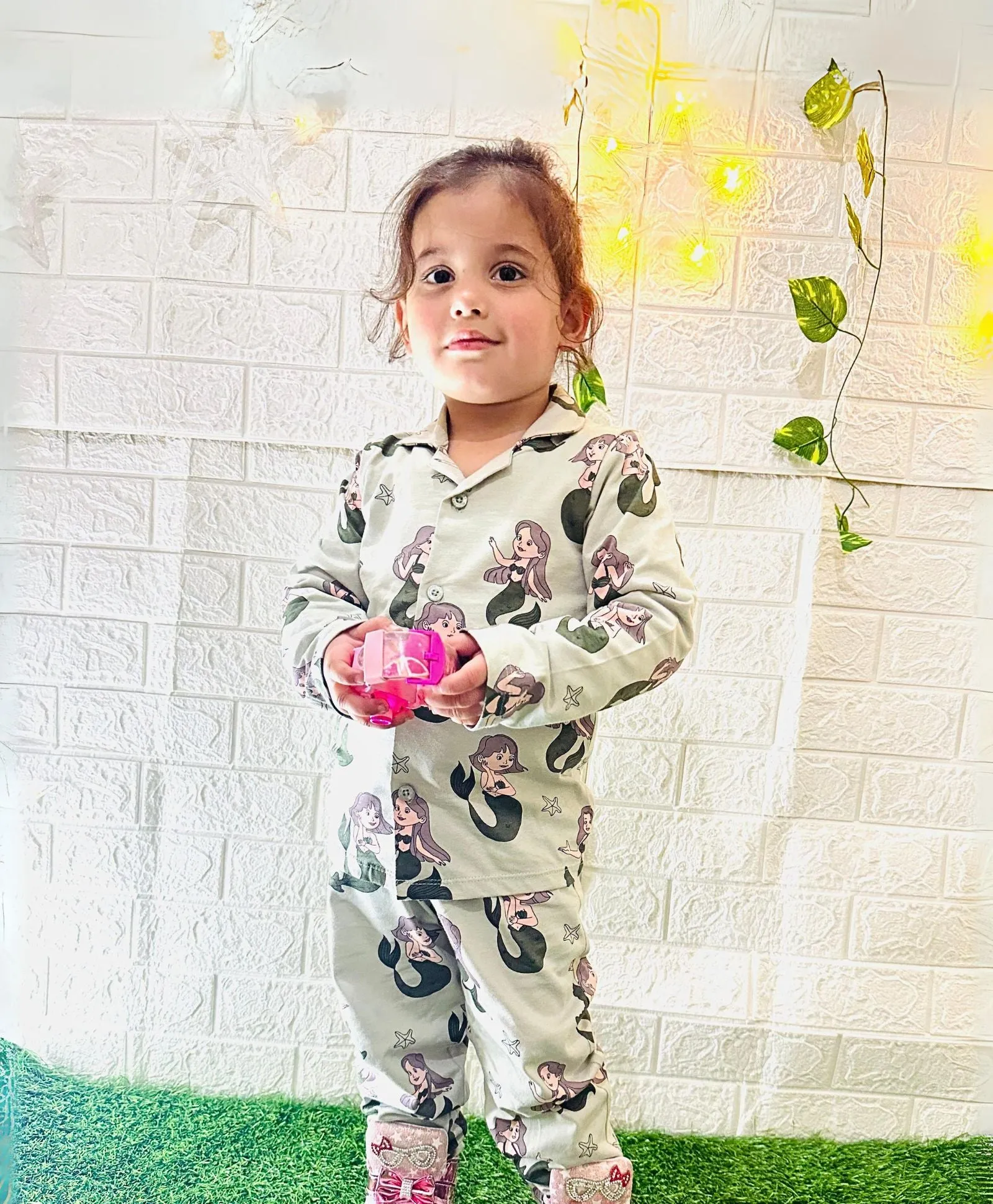 Mermaid Print Kids Full Sleeves Cotton Night Suit