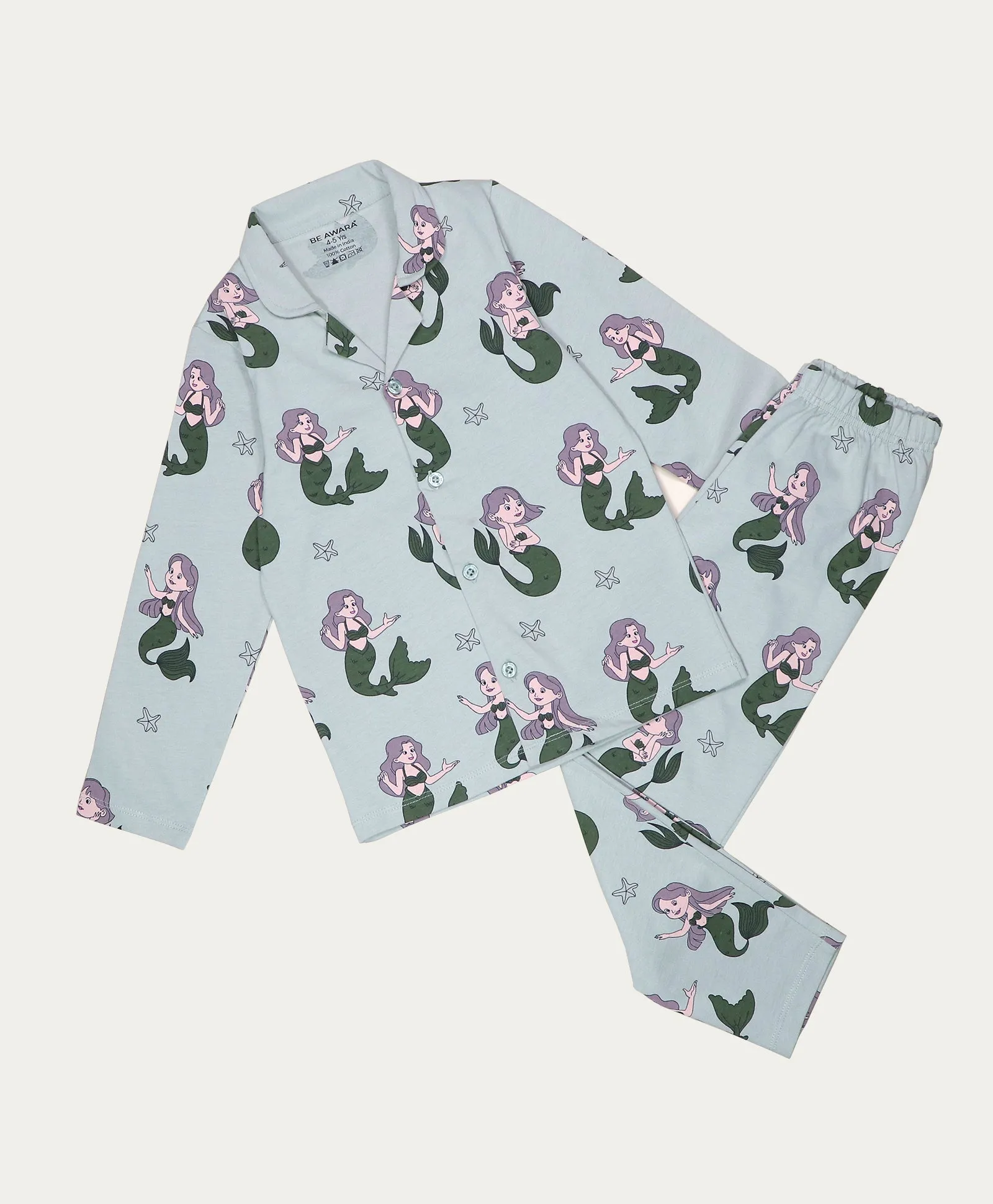 Mermaid Print Kids Full Sleeves Cotton Night Suit