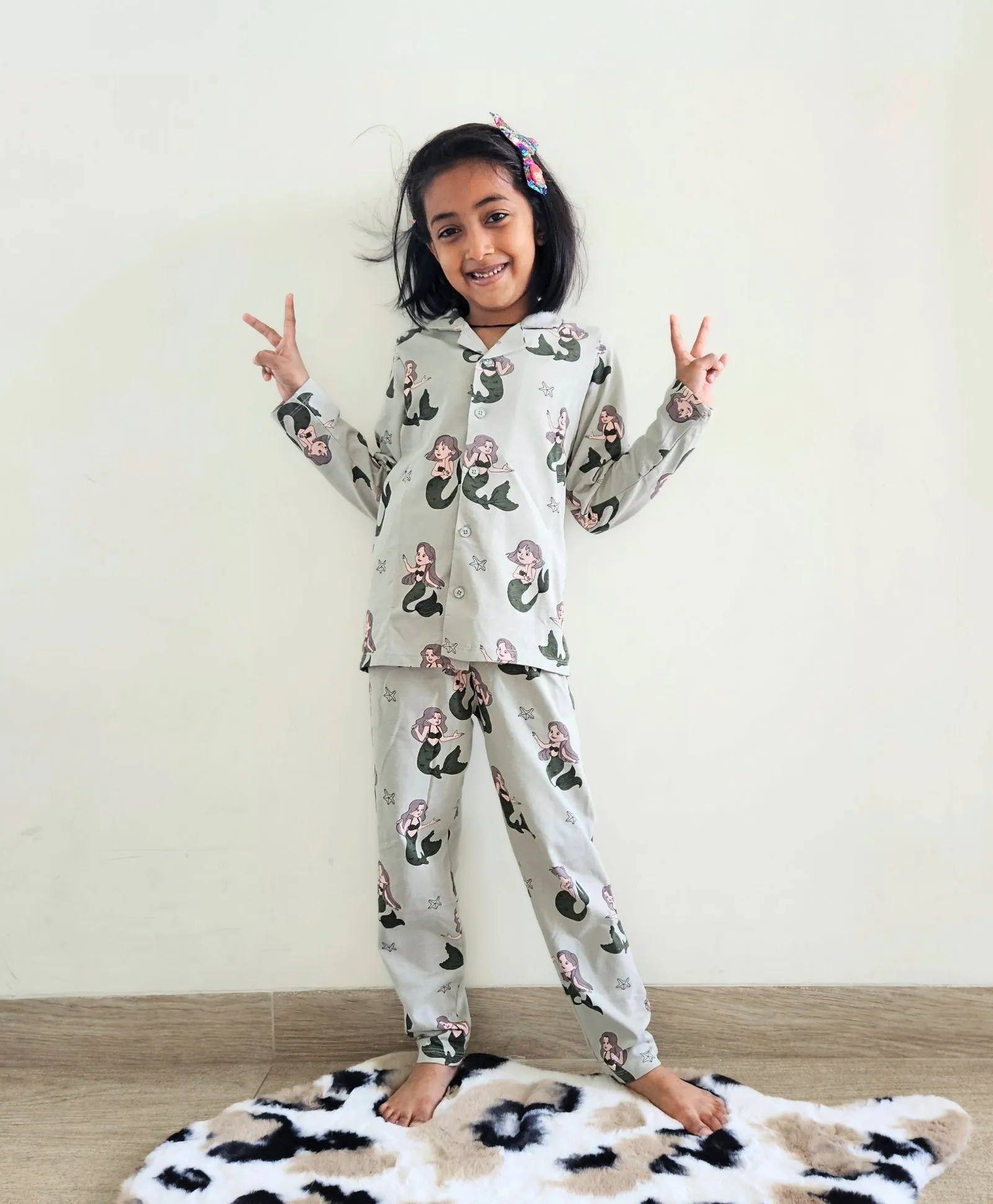 Mermaid Print Kids Full Sleeves Cotton Night Suit