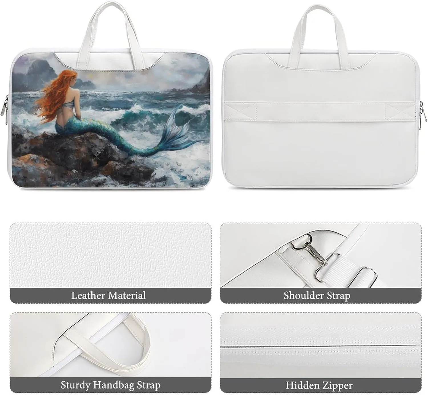 Mermaid Storm Sea Rocks Leather Bag Laptop Case Slim Water Resistant Computer Bags with Handle Briefcase for Work
