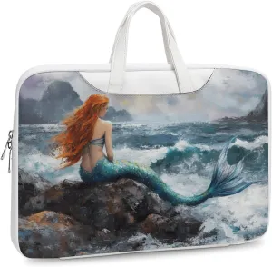Mermaid Storm Sea Rocks Leather Bag Laptop Case Slim Water Resistant Computer Bags with Handle Briefcase for Work