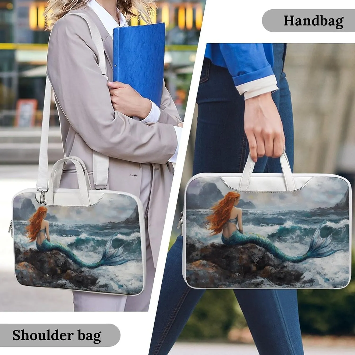 Mermaid Storm Sea Rocks Leather Bag Laptop Case Slim Water Resistant Computer Bags with Handle Briefcase for Work