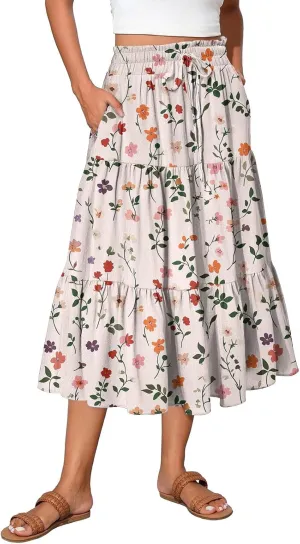 Midi Skirts for Women 2025 High Elastic Waisted Tiered Ruffle Skirt Flowy A Line Boho Floral Skirts Skorts with Pockets