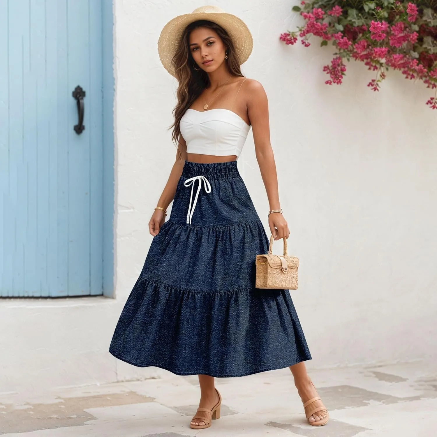 Midi Skirts for Women Summer Drawstring High Waisted A Line Skirt Casual Vacation Tiered Ruffle Long Denim Skirts
