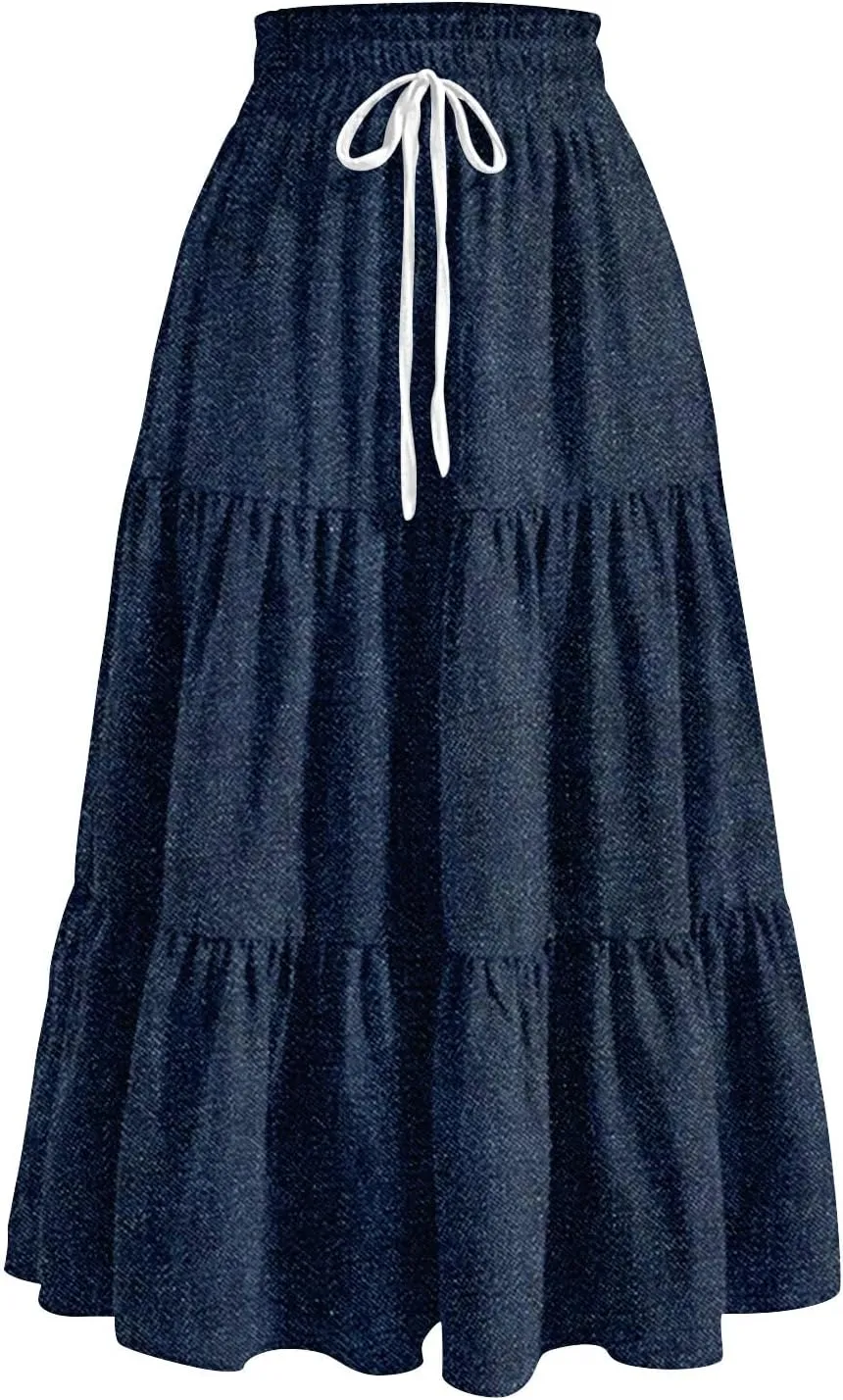 Midi Skirts for Women Summer Drawstring High Waisted A Line Skirt Casual Vacation Tiered Ruffle Long Denim Skirts