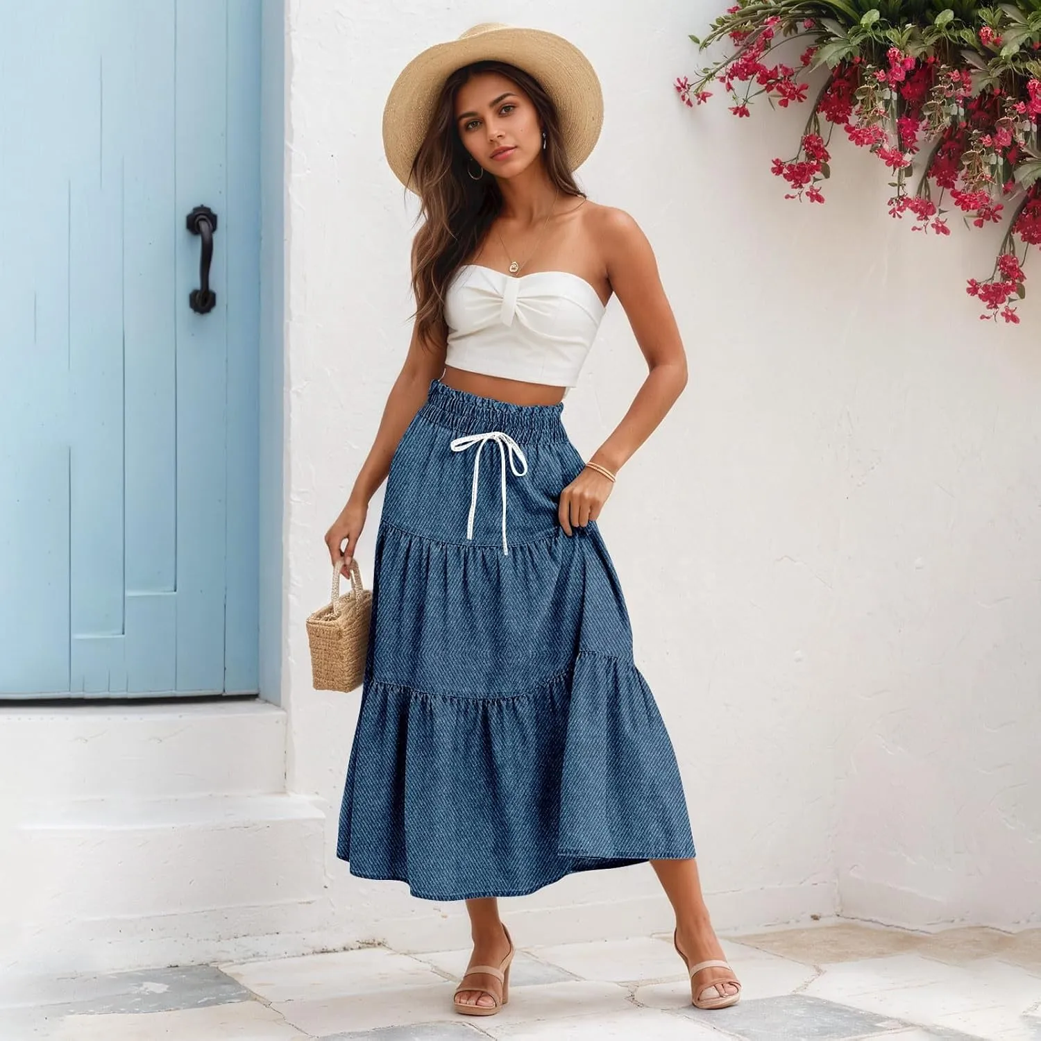 Midi Skirts for Women Summer Drawstring High Waisted A Line Skirt Casual Vacation Tiered Ruffle Long Denim Skirts
