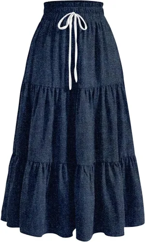 Midi Skirts for Women Summer Drawstring High Waisted A Line Skirt Casual Vacation Tiered Ruffle Long Denim Skirts