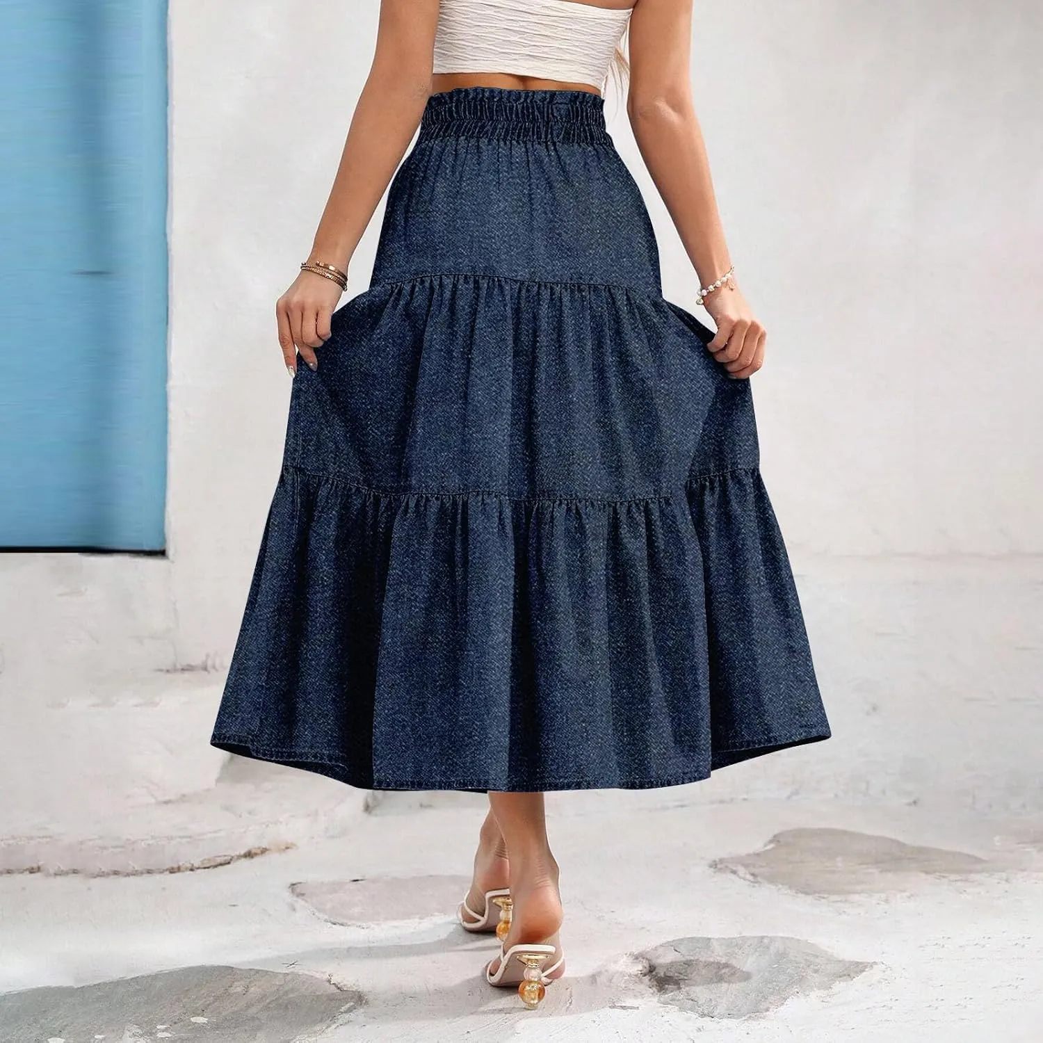 Midi Skirts for Women Summer Drawstring High Waisted A Line Skirt Casual Vacation Tiered Ruffle Long Denim Skirts