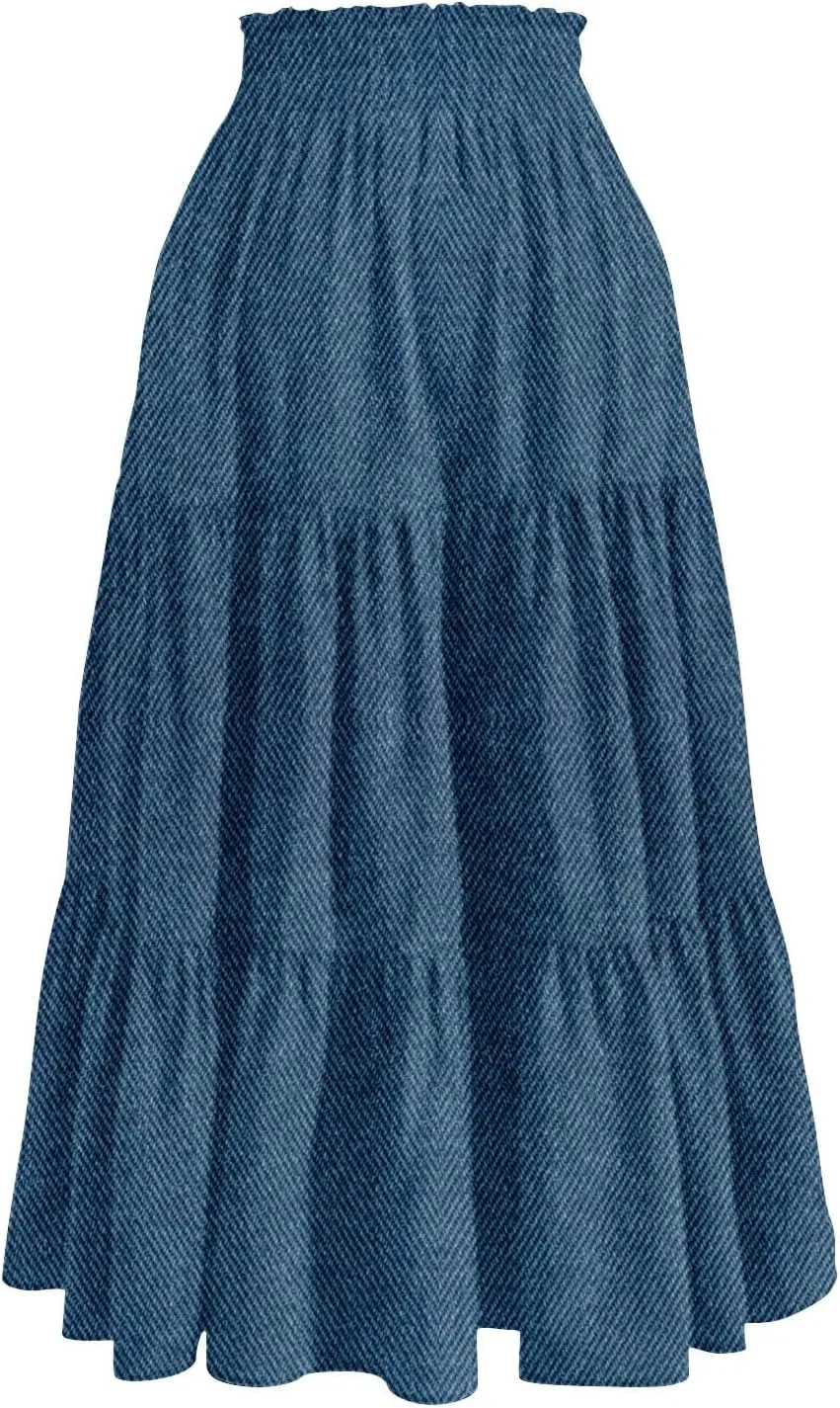 Midi Skirts for Women Summer Drawstring High Waisted A Line Skirt Casual Vacation Tiered Ruffle Long Denim Skirts