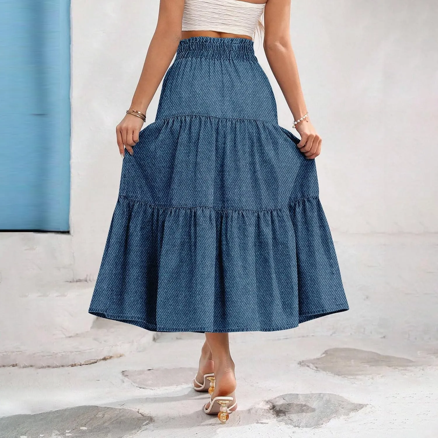 Midi Skirts for Women Summer Drawstring High Waisted A Line Skirt Casual Vacation Tiered Ruffle Long Denim Skirts
