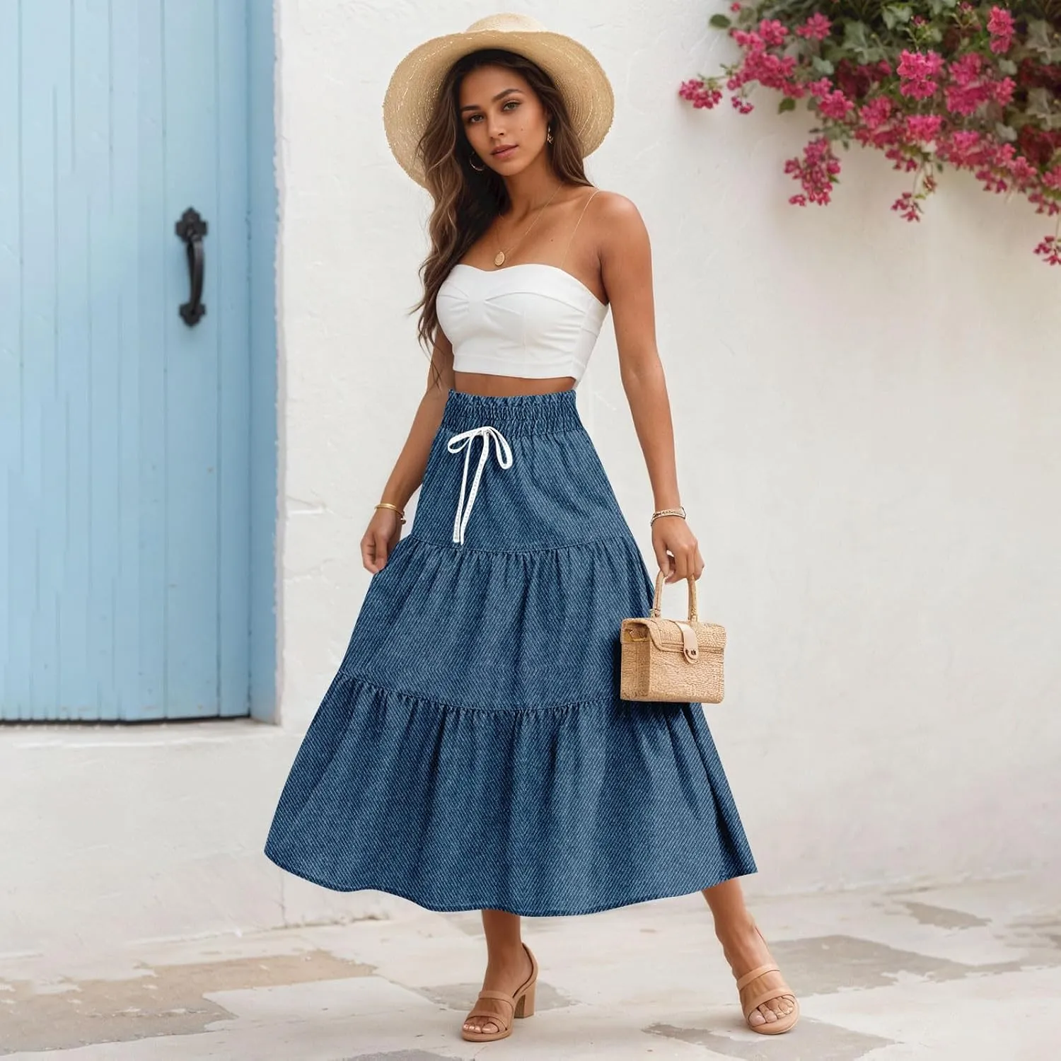 Midi Skirts for Women Summer Drawstring High Waisted A Line Skirt Casual Vacation Tiered Ruffle Long Denim Skirts