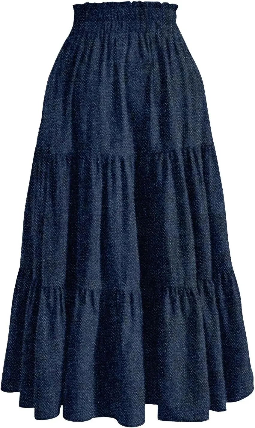 Midi Skirts for Women Summer Drawstring High Waisted A Line Skirt Casual Vacation Tiered Ruffle Long Denim Skirts