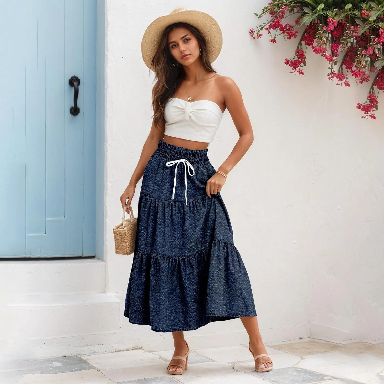 Midi Skirts for Women Summer Drawstring High Waisted A Line Skirt Casual Vacation Tiered Ruffle Long Denim Skirts