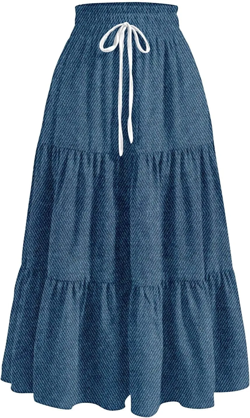 Midi Skirts for Women Summer Drawstring High Waisted A Line Skirt Casual Vacation Tiered Ruffle Long Denim Skirts