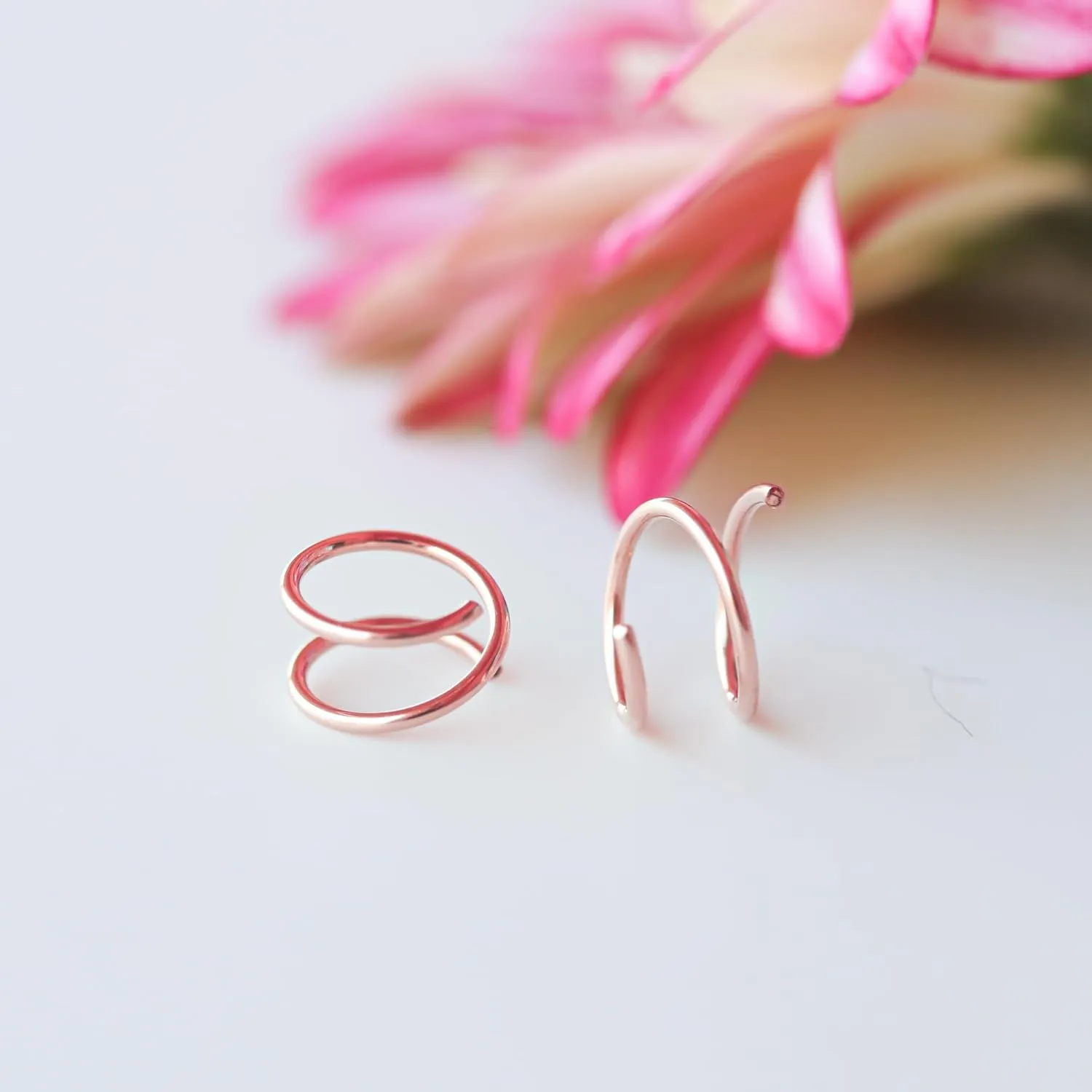 Mini Illusion Gold Hoops, Make 1 Piercing Look Like 2, Minimalist Double Hoops in Rose Filled, Gifts for Women, Handmade by Lotus Stone Jewelry (Rose Gold, Spirals)