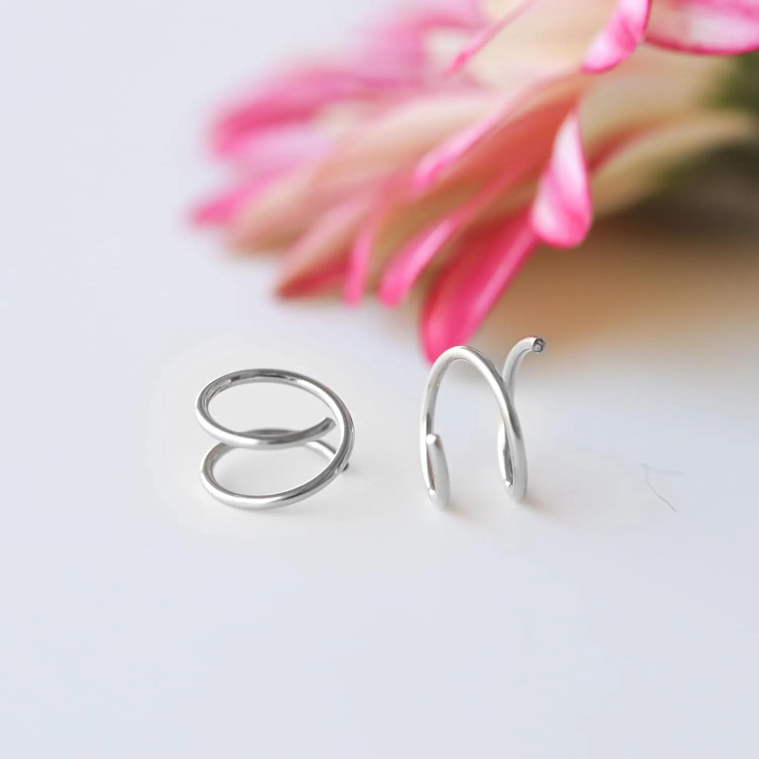 Mini Illusion Gold Hoops, Make 1 Piercing Look Like 2, Minimalist Double Hoops in Sterling Silver, Gifts for Women, Handmade by Lotus Stone Jewelry (Silver, Spirals)
