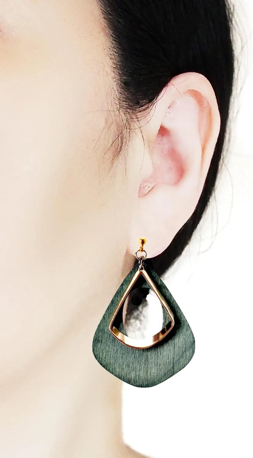 Miyabi Grace Womens Wood Dangle Invisible Clip On Earrings for Non Pierced, Gold Hoops Fashion Earrings