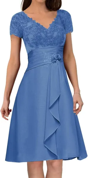 Mother of The Bride Dresses for Wedding Ruffle Chiffon Lace Applique Formal Evening Party Gown with Short Sleeves MK51