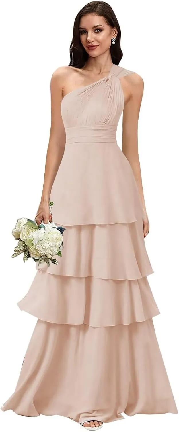 MYDRESS One Shoulder Bridesmaid Dresses 2025 Tiered A Line Pleated Long Formal Party Gown