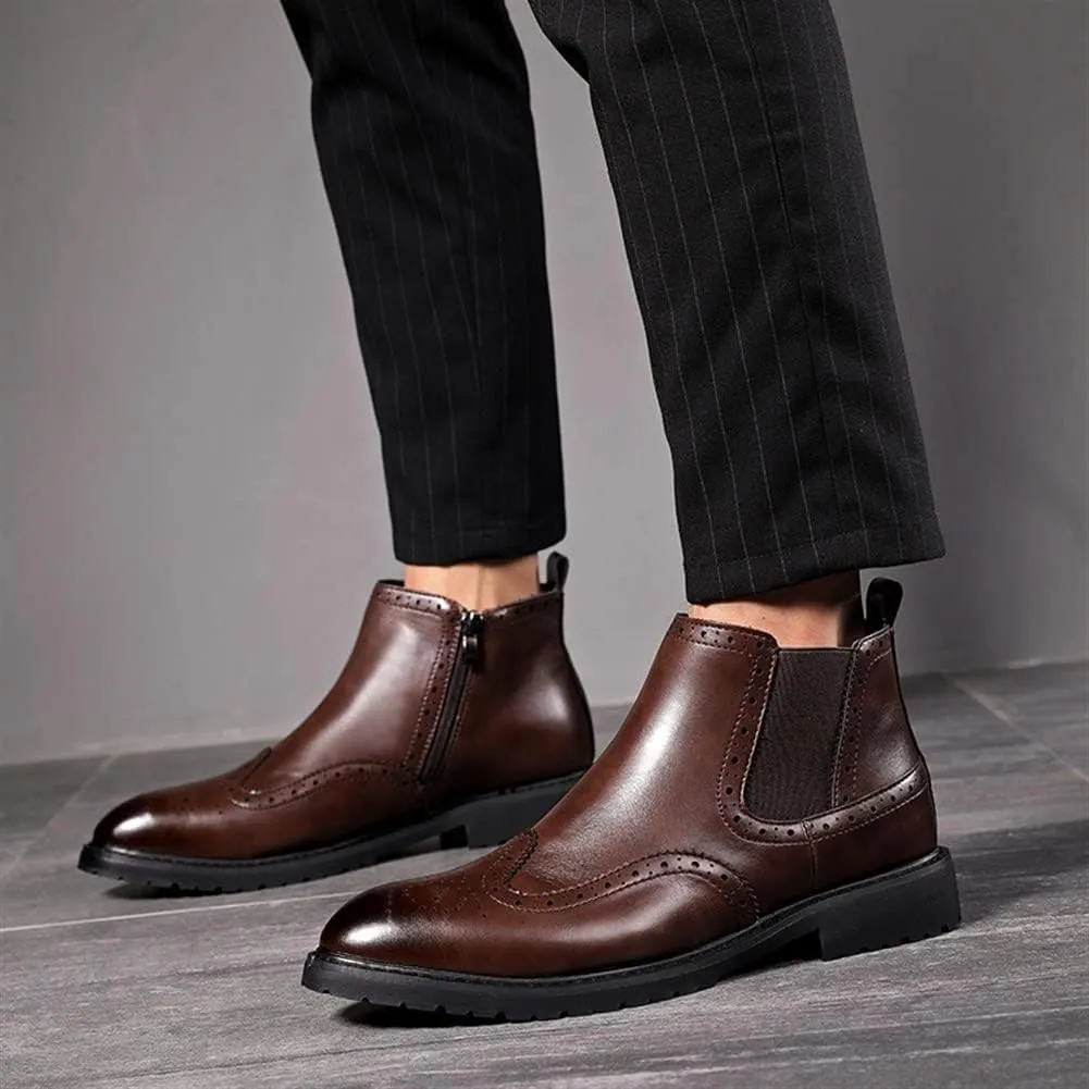 New Chelsea Boots For Men Leather Elastic Sided Win Tip Carved Brogue Burnished Toe Wearable Anti-slip Non Waterproof Formal Dress Slip On