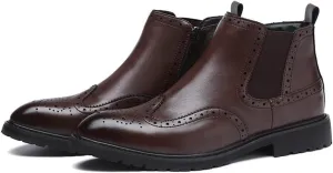 New Chelsea Boots For Men Leather Elastic Sided Win Tip Carved Brogue Burnished Toe Wearable Anti-slip Non Waterproof Formal Dress Slip On