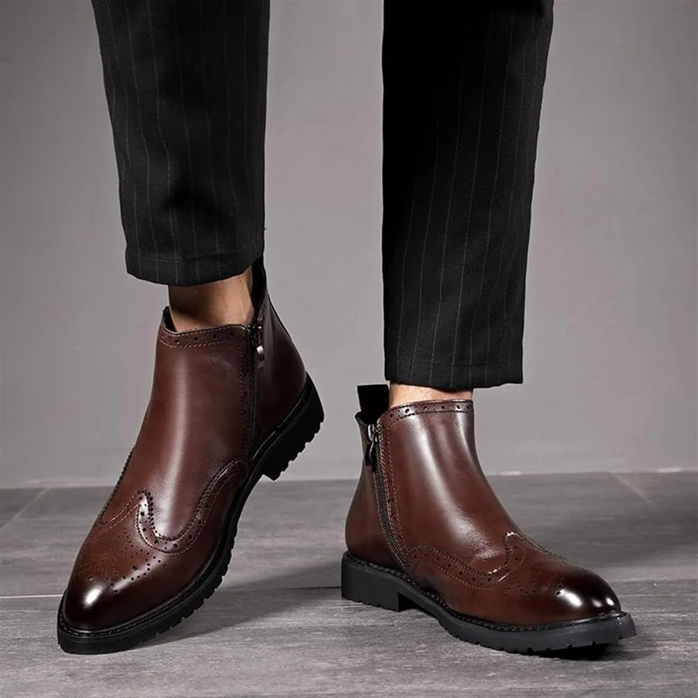 New Chelsea Boots For Men Leather Elastic Sided Win Tip Carved Brogue Burnished Toe Wearable Anti-slip Non Waterproof Formal Dress Slip On