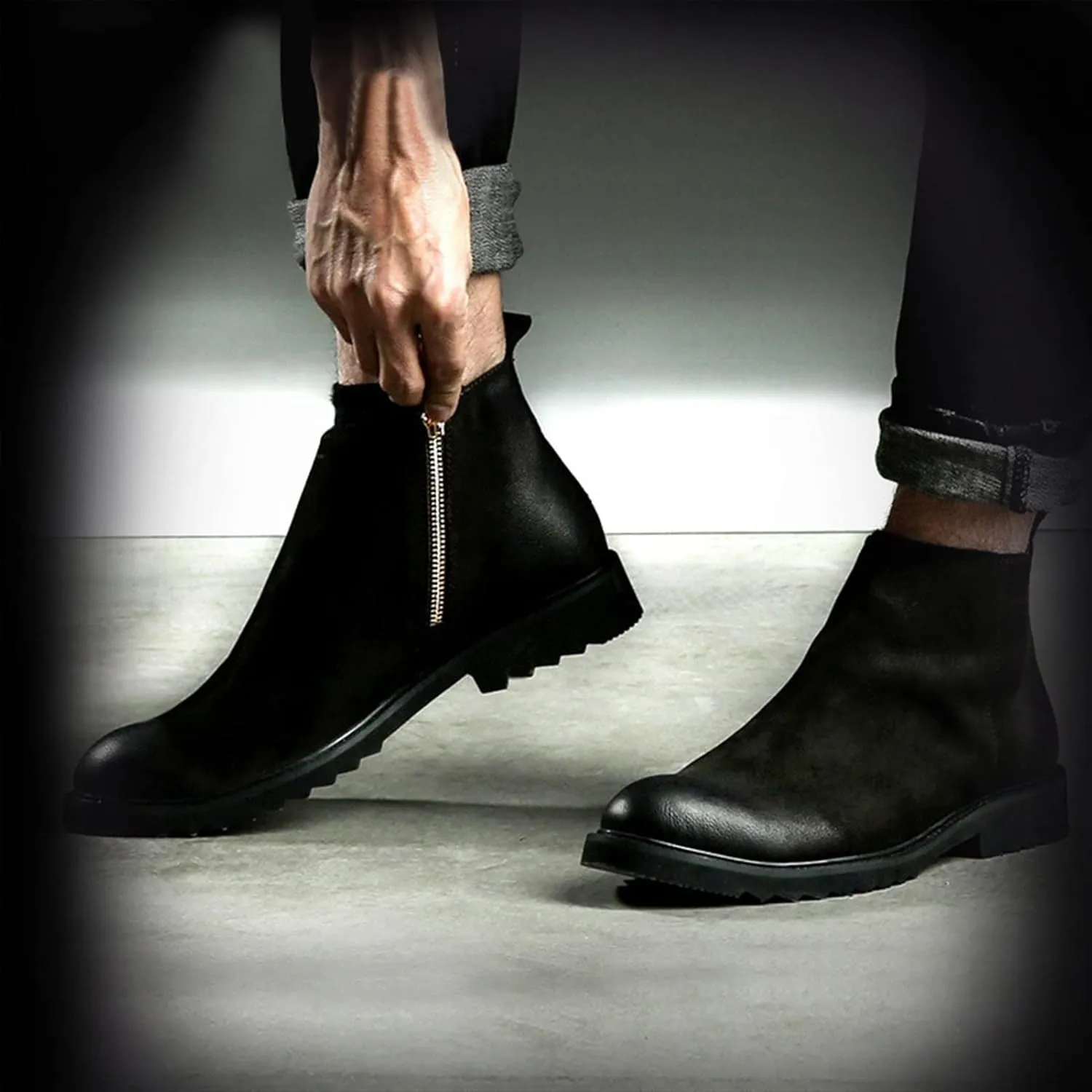 New Men Chelsea Boots Burnished Toe With Zipper Cowhide Leather Waterproof Non Wearable Dress Slip On