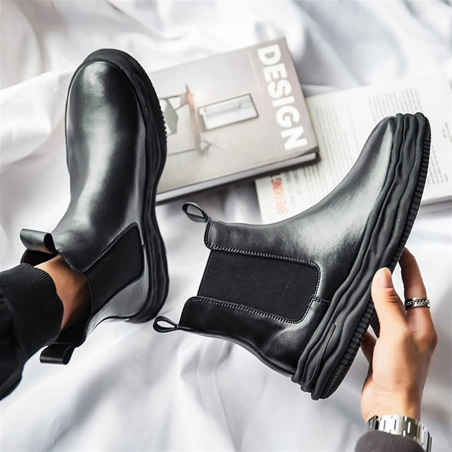New Men Chelsea Boots Elastic Bandage Irregular Edges Cowhide Leather Non Anti-slip Wearable Waterproof Dress Slip On