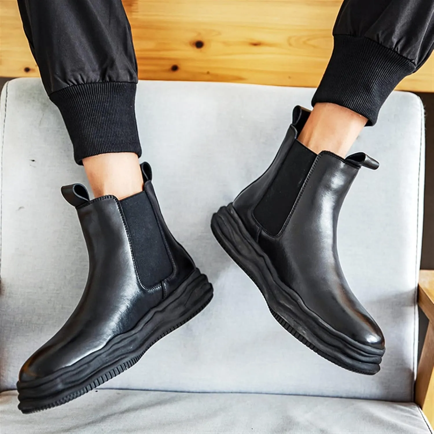 New Men Chelsea Boots Elastic Bandage Irregular Edges Cowhide Leather Non Anti-slip Wearable Waterproof Dress Slip On