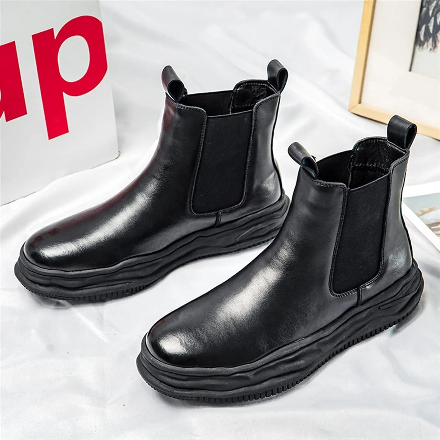 New Men Chelsea Boots Elastic Bandage Irregular Edges Cowhide Leather Non Anti-slip Wearable Waterproof Dress Slip On