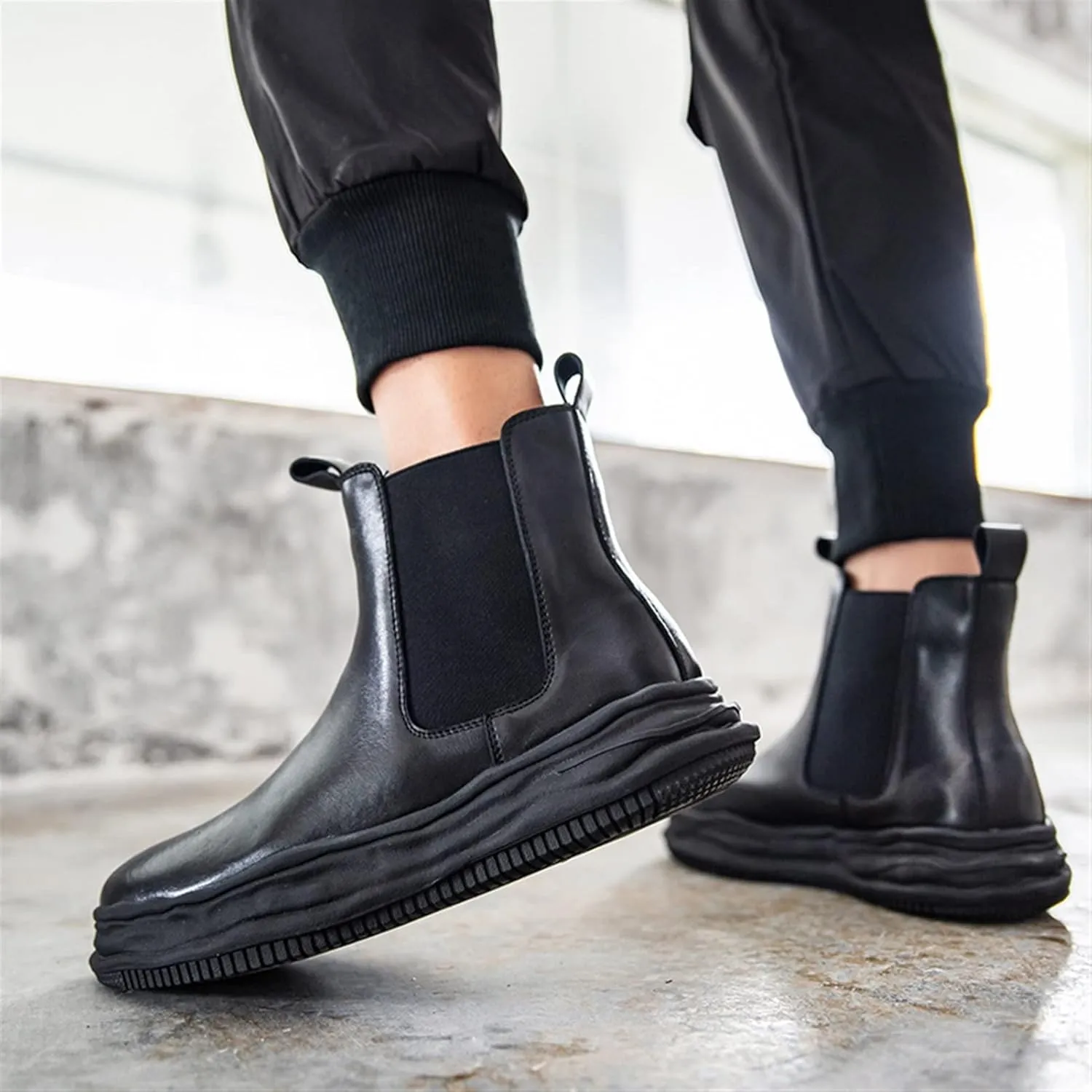 New Men Chelsea Boots Elastic Bandage Irregular Edges Cowhide Leather Non Anti-slip Wearable Waterproof Dress Slip On