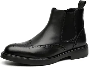 New Men's Chelsea Boots Round Toe Vegan Leather Wingtips Elastic Band Non Slip Wearable Waterproof Formal Dress Pull On