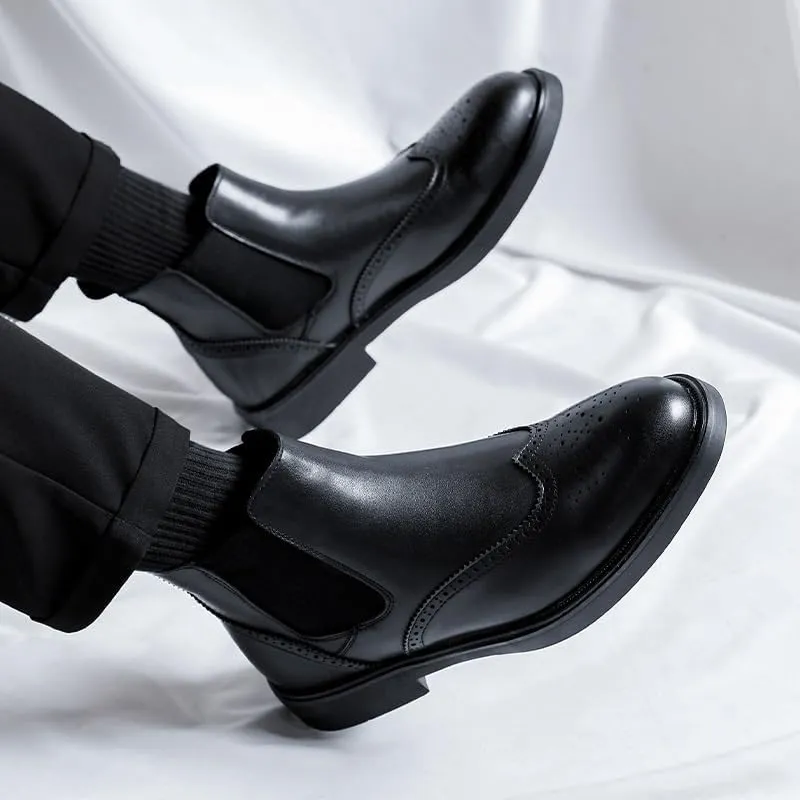 New Men's Chelsea Boots Round Toe Vegan Leather Wingtips Elastic Band Non Slip Wearable Waterproof Formal Dress Pull On