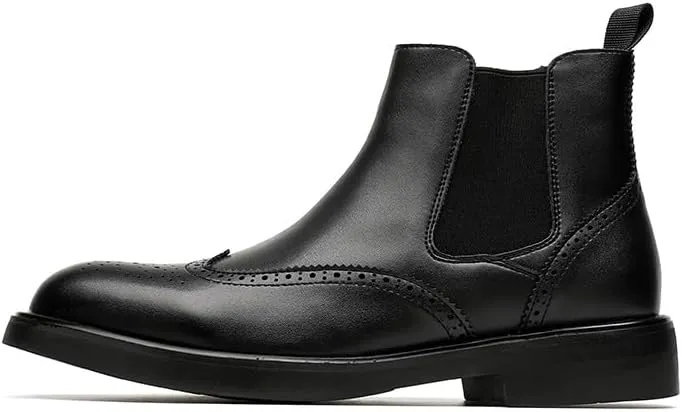 New Men's Chelsea Boots Round Toe Vegan Leather Wingtips Elastic Band Non Slip Wearable Waterproof Formal Dress Pull On