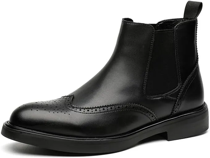 New Men's Chelsea Boots Round Toe Vegan Leather Wingtips Elastic Band Non Slip Wearable Waterproof Formal Dress Pull On