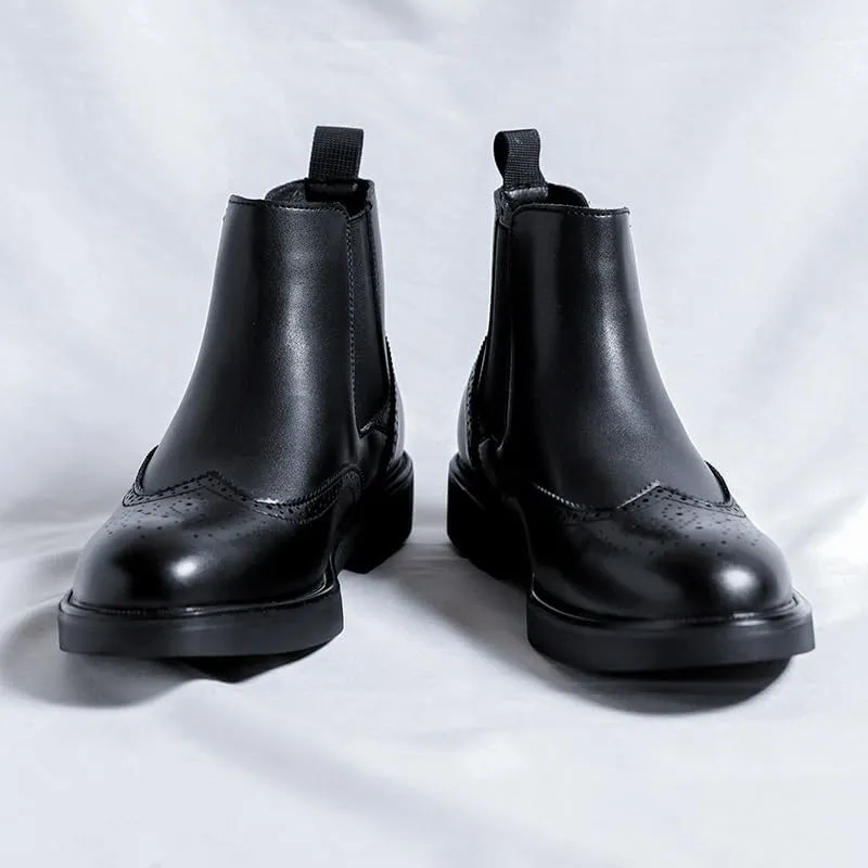 New Men's Chelsea Boots Round Toe Vegan Leather Wingtips Elastic Band Non Slip Wearable Waterproof Formal Dress Pull On