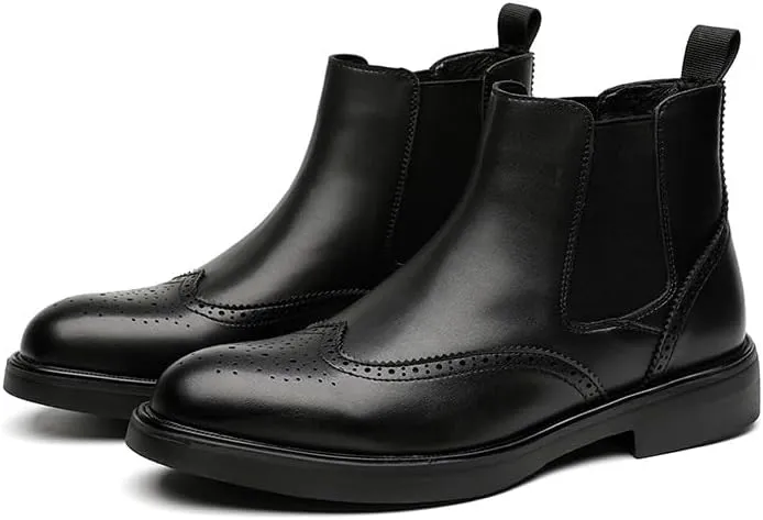 New Men's Chelsea Boots Round Toe Vegan Leather Wingtips Elastic Band Non Slip Wearable Waterproof Formal Dress Pull On