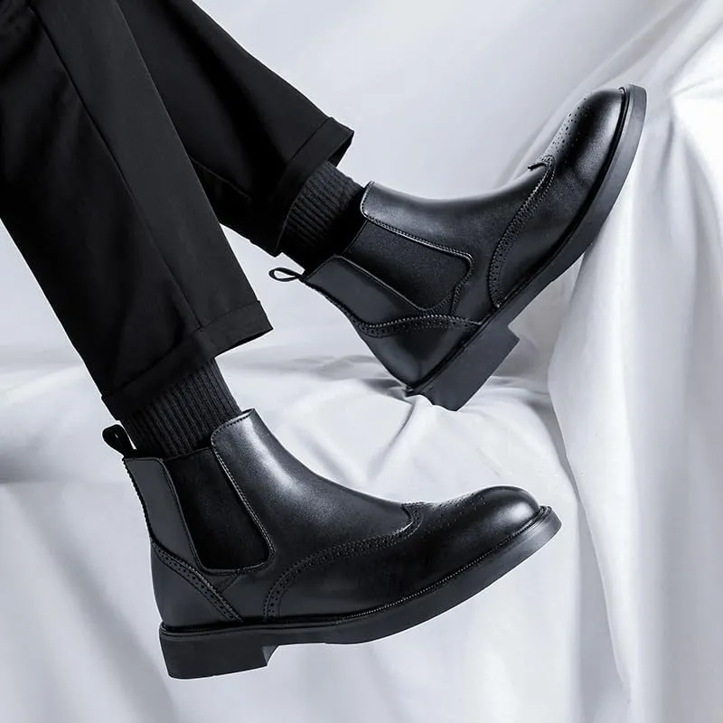 New Men's Chelsea Boots Round Toe Vegan Leather Wingtips Elastic Band Non Slip Wearable Waterproof Formal Dress Pull On