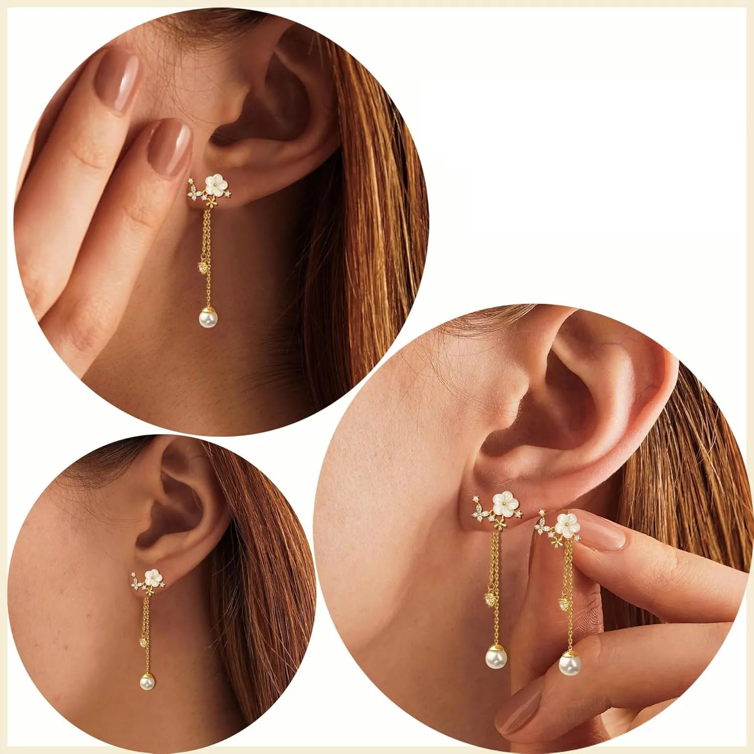 Pearl Drop Earrings for Women Long Threader Chain Dainty Flower Wedding Bridal Earrings Gold Floral Trendy Statement Prom Jewelry Bridesmaid Gift for Her