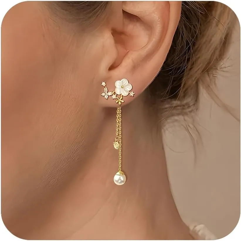 Pearl Drop Earrings for Women Long Threader Chain Dainty Flower Wedding Bridal Earrings Gold Floral Trendy Statement Prom Jewelry Bridesmaid Gift for Her